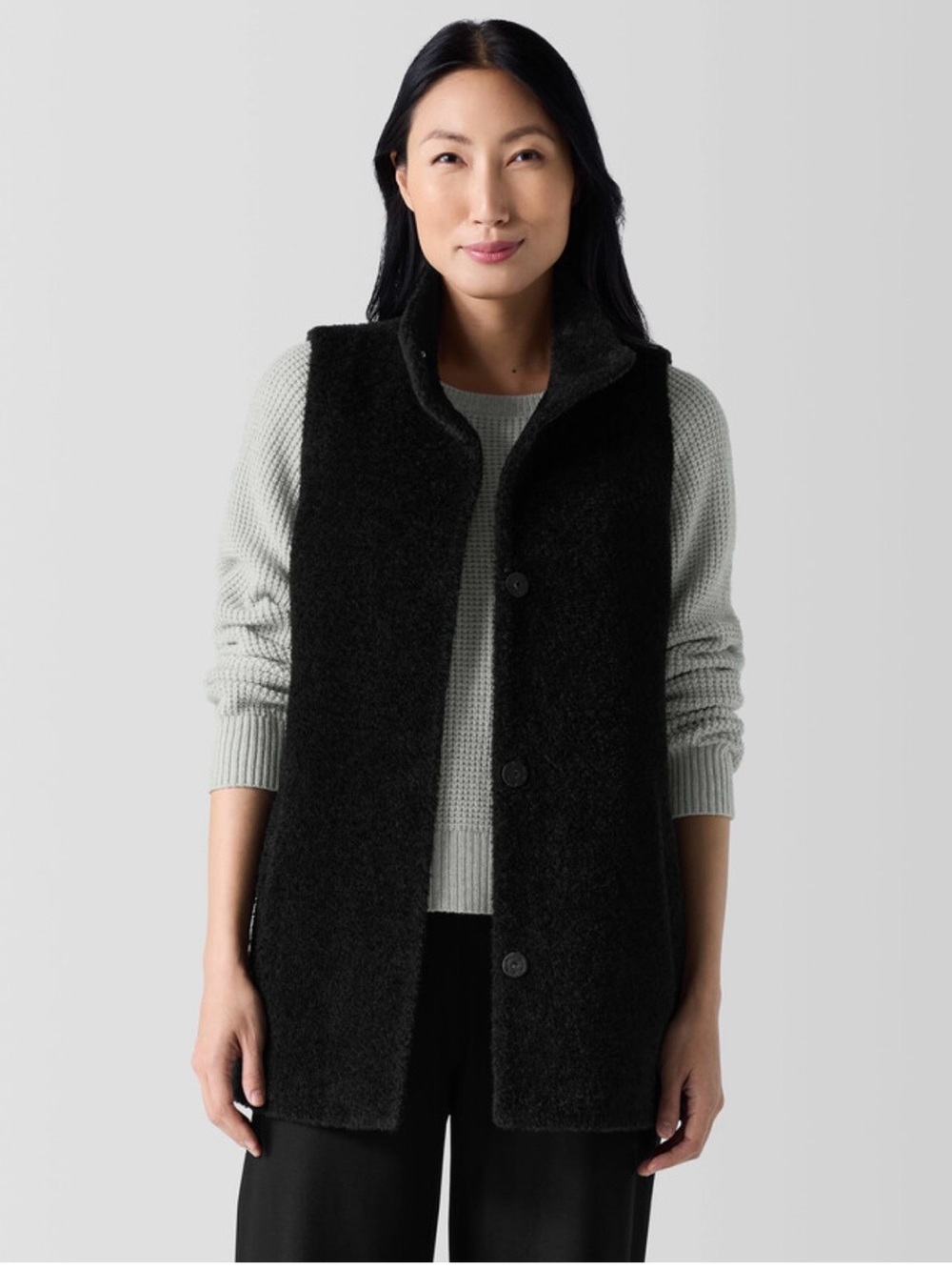 Eileen Fisher Black Fine Wool Alpaca Stand Collar Vest